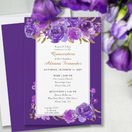 Invitation Rose violet Elegant feuille or Quinceanera et mass