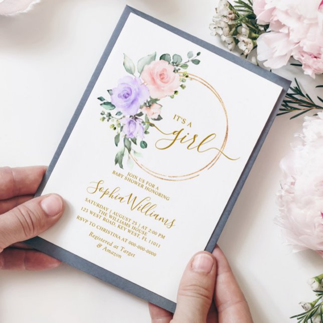 Invitation Rose violet et Baby shower de couronne or rose (Créateur téléchargé)