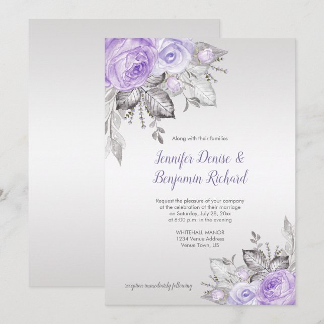 Invitation Rose violet Feuilles d'argent - Argent - Mariage | (Devant / Derrière)