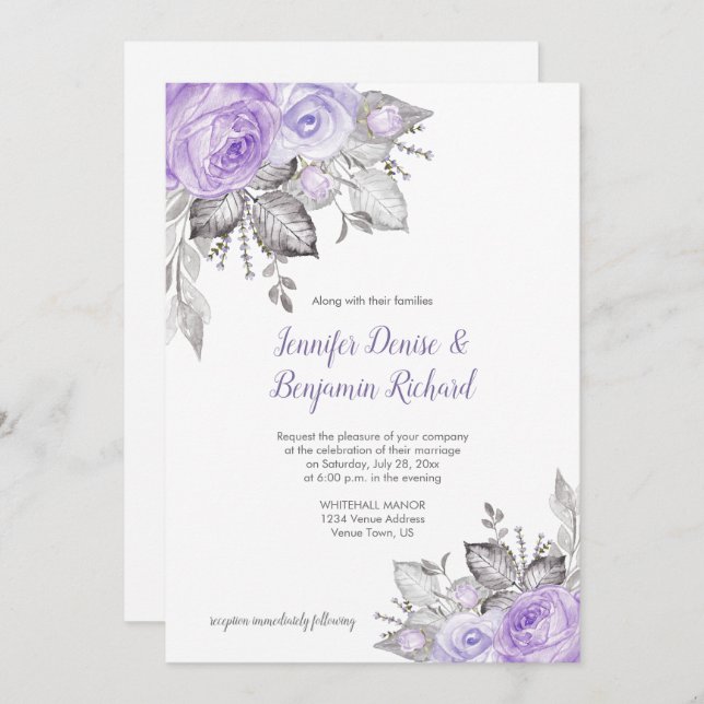 Invitation Rose violet Feuilles d'argent - blanc - Mariage | (Devant / Derrière)