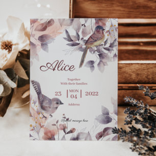Invitation Rose Violet fleuri avec baby shower aux oiseaux