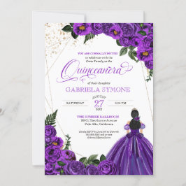 Invitation Rose violet Floral Élégant Gown Quinceanera