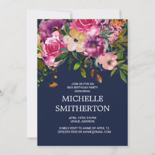 Invitation Rose violet Floral Navy Bleu 80e anniversaire