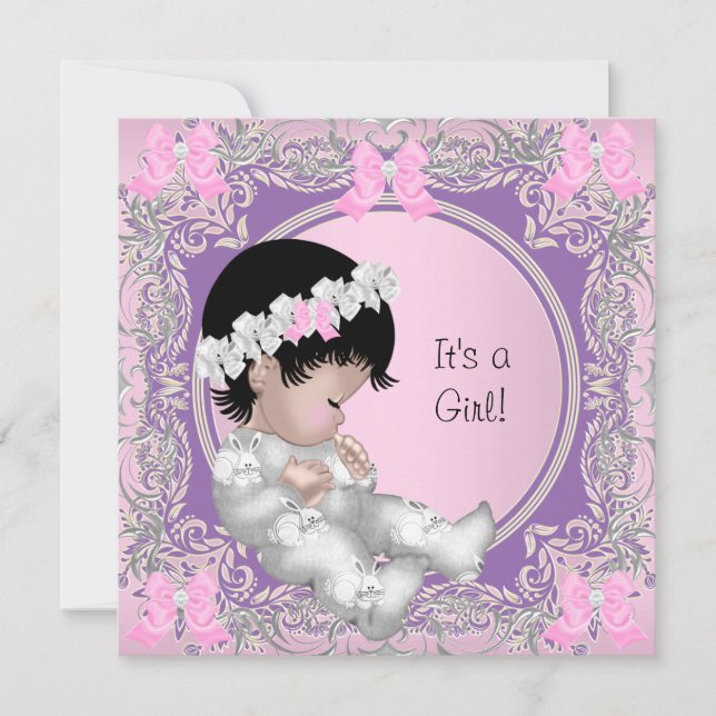 Invitation Rose violet gris Baby shower mignon bébé fille (Devant)