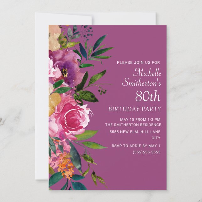 Invitation Rose violet jaune Floral 80e anniversaire (Devant)