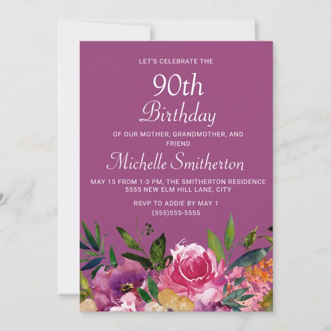 Invitation Rose violet jaune Floral 90e anniversaire (Devant)