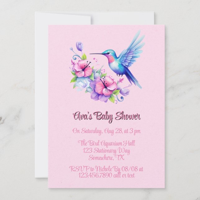 Invitation Rose violet mignon colibri Baby shower fille colib (Devant)