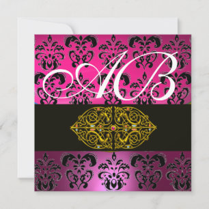 Invitation ROSE VIOLET NOIR DAMAS MONOGRAMME, blanc