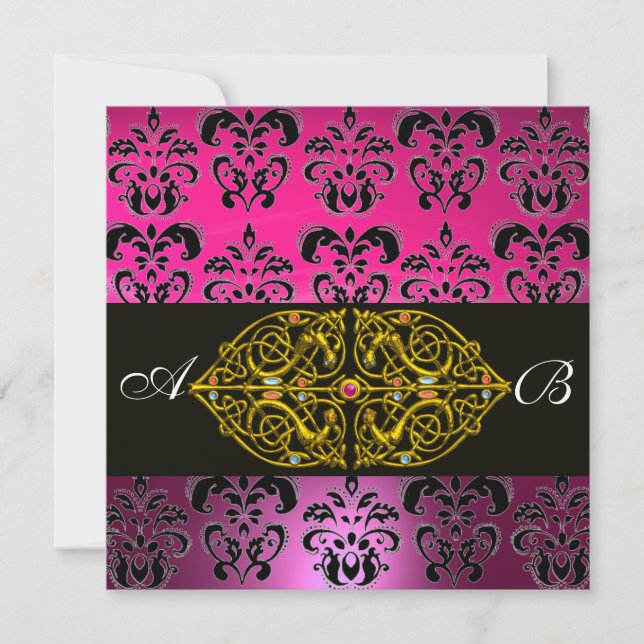 Invitation ROSE VIOLET NOIR  DAMAS MONOGRAMME ,fuchsia,or (Devant)