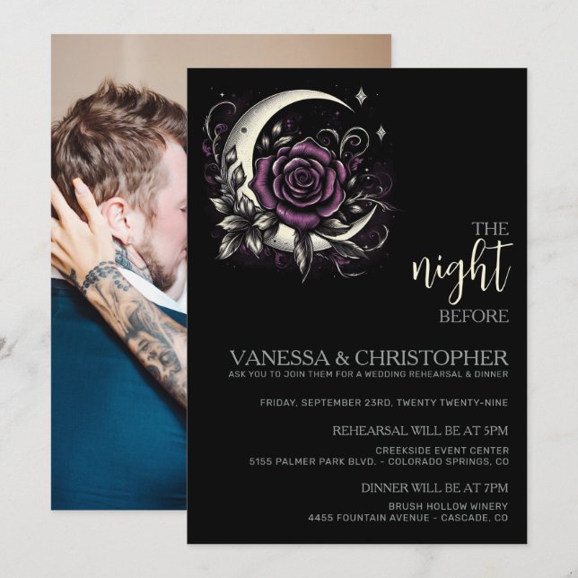 Invitation Rose violet nuit avant la répétition Mariage (Devant / Derrière)