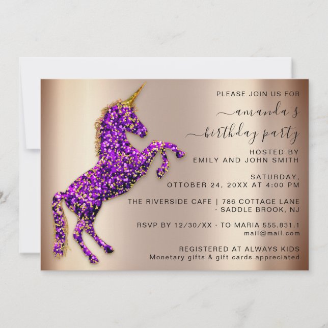 Invitation Rose violet Parties scintillant d'or Unicorn Horse (Devant)