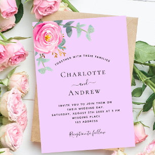 Invitation Rose violet rose mariage vert