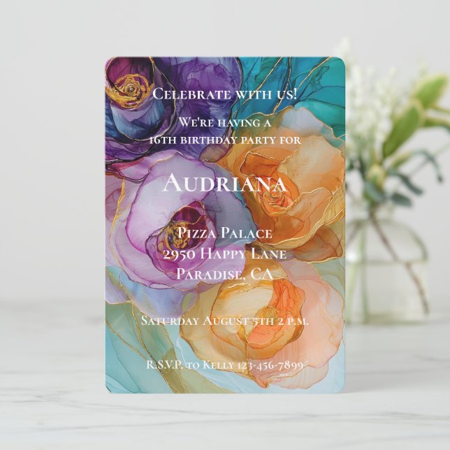 Invitation Rose violet rose rose rose rose jaune fleuri Anniv (Debout devant)