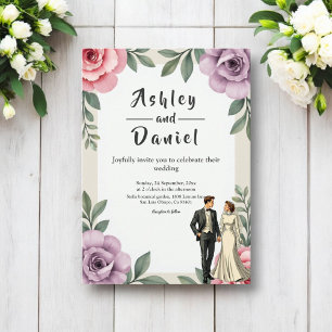 Invitation Rose violet Roses Couple Aquarelle Mariage Floral