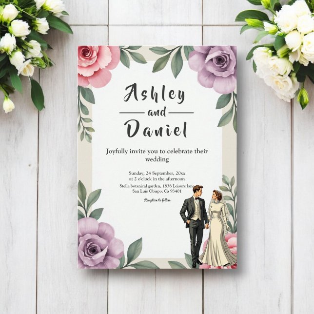 Invitation Rose violet Roses Couple Aquarelle Mariage Floral (Créateur téléchargé)