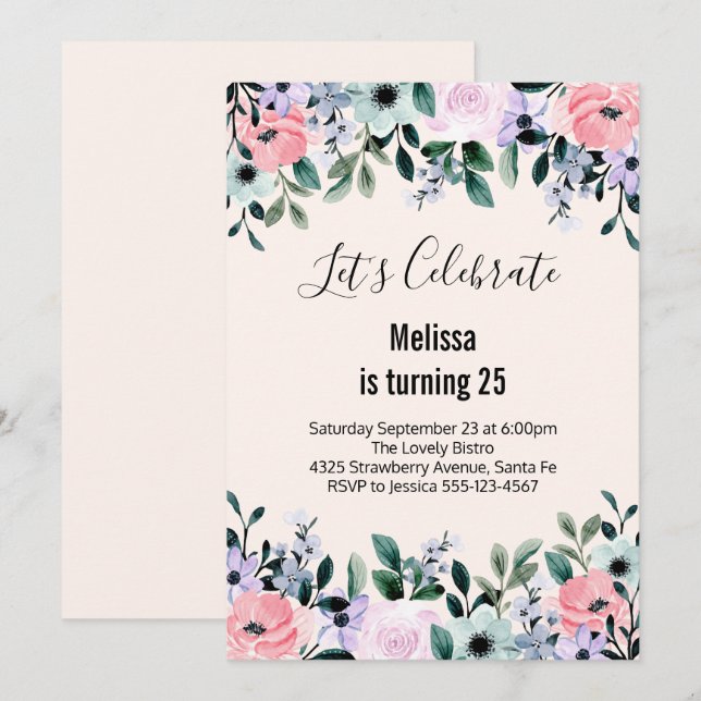 Invitation Rose violet vert Aquarelle Florale Anniversaire (Devant / Derrière)