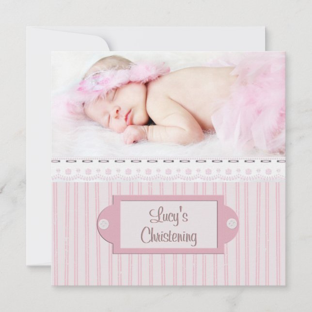 Invitation Rose White Eyelet Girl Photo Baptême Christening (Devant)