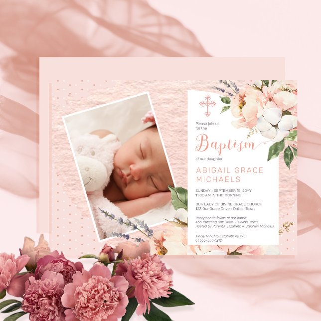 Invitation Rose | White Peony Blooms Girl Baby Photo Baptism (Créateur téléchargé)
