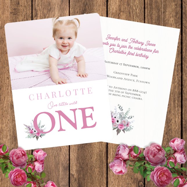 Invitation Rose Wild ONE 1er anniversaire (Pink Wild ONE 1st birthday Invitation with watercolor flowers and custom photo of the baby)