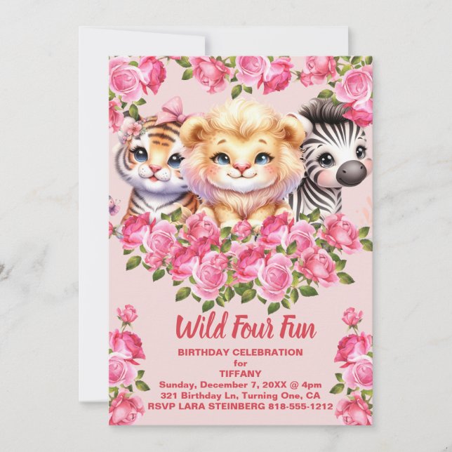 Invitation Rose Wild Quatre Amusants 4 Ans Fille Fête Anniver (Devant)