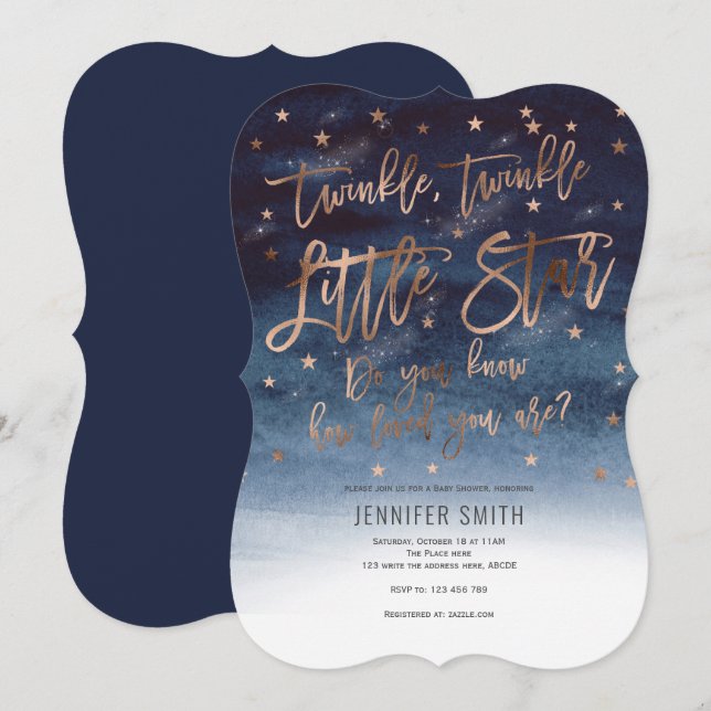 Invitation Rosegold,Twinkle Twinkle Little Stars, Baby shower (Devant / Derrière)