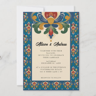Invitation Rosemaling norvégien | Mariage bleu