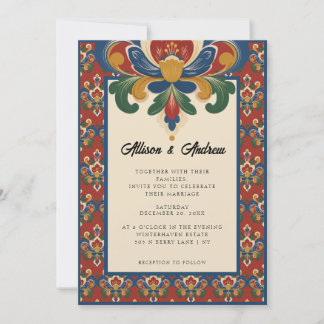 Invitation Rosemaling norvégien | Mariage rouge