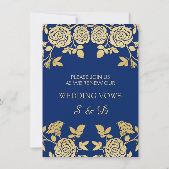 Invitation roses anglais d'or sur le renouveau du Vow bleu (Devant)