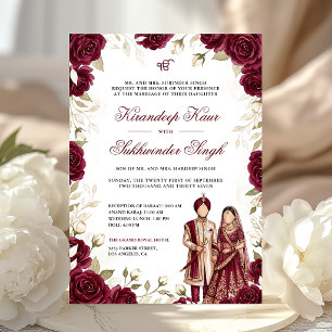 Invitation Roses Aquarelle Bourgogne Fleurs Mariage Sikh