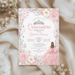 Invitation Roses aquarelle rose poudré argent Quinceañera
