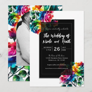 Invitation Roses arc-en-ciel noir et blanc mariage floral vib