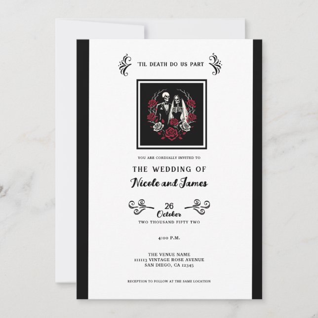 Invitation Roses blanc rouge et noir squelette Mariage couple (Devant)
