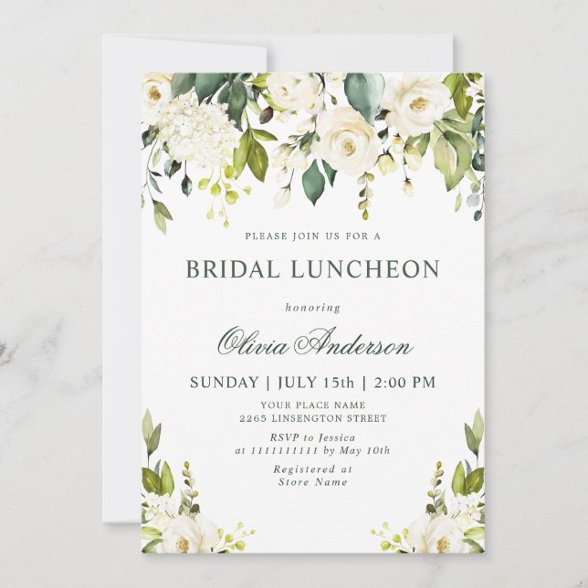 Invitation Roses blanches Aquarelle Florale BRIDAL LUNCHEON (Devant)