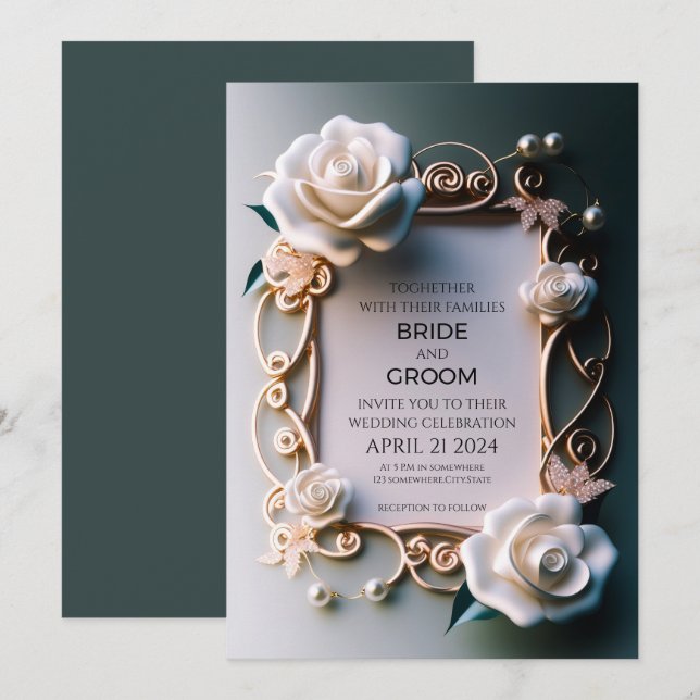 Invitation Roses blanches aux ornements dorés (Devant / Derrière)