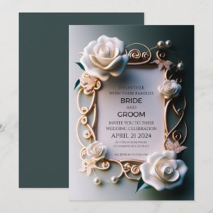 Invitation Roses blanches aux ornements dorés