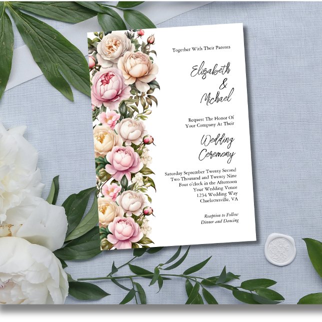 Invitation Roses blanches blanches blanches pâtés Mariage flo (Blush Pink White Cream Roses and Peonies Wedding Invitation Elegant and Modern)