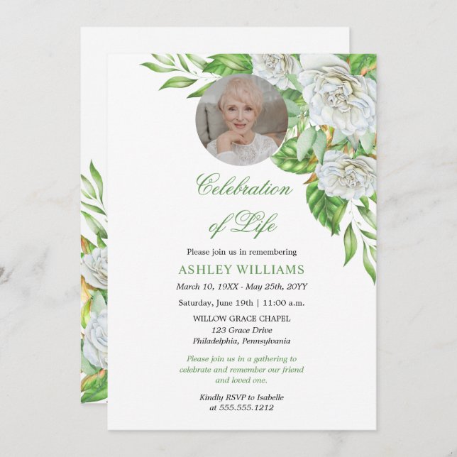 Invitation Roses blanches | Célébration florale de verdure de (Devant / Derrière)