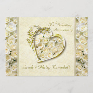 Invitation Roses blanches, cœur doré 50e anniversaire de mari