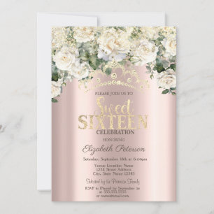 Invitation Roses blanches, Confetti, Rose de la Couronne Gold
