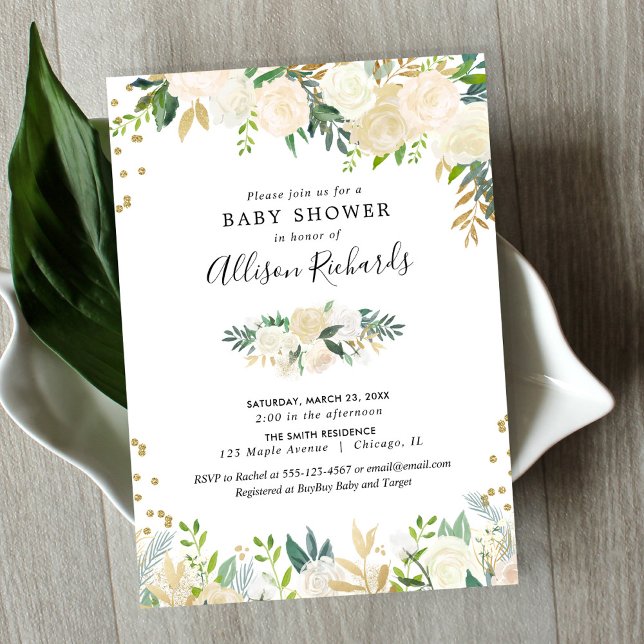 Invitation Roses blanches crème or élégant baby shower floral (Créateur téléchargé)