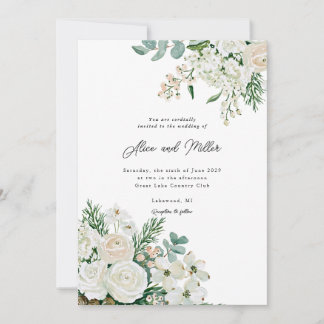 Invitation Roses blanches d'hiver, cornouiller et épicéa pour