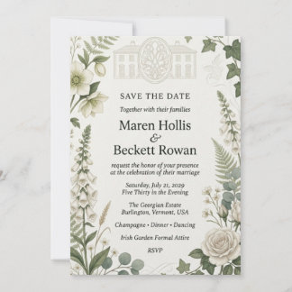Invitation Roses blanches, digitales, hellébores, lierre, dom