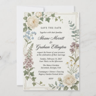 Invitation Roses blanches, digitales, lierre, eucalyptus, myo