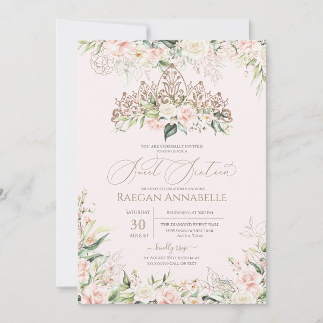 Invitation Roses Blanches Douce Rose Élégante Douce 16 Annive (Devant)