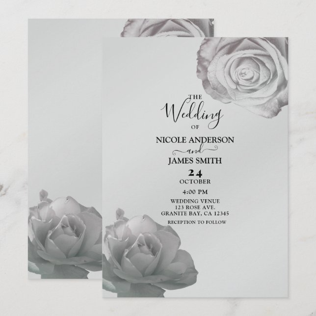 Invitation Roses blanches Elégant Floral Mariage gris argent (Devant / Derrière)