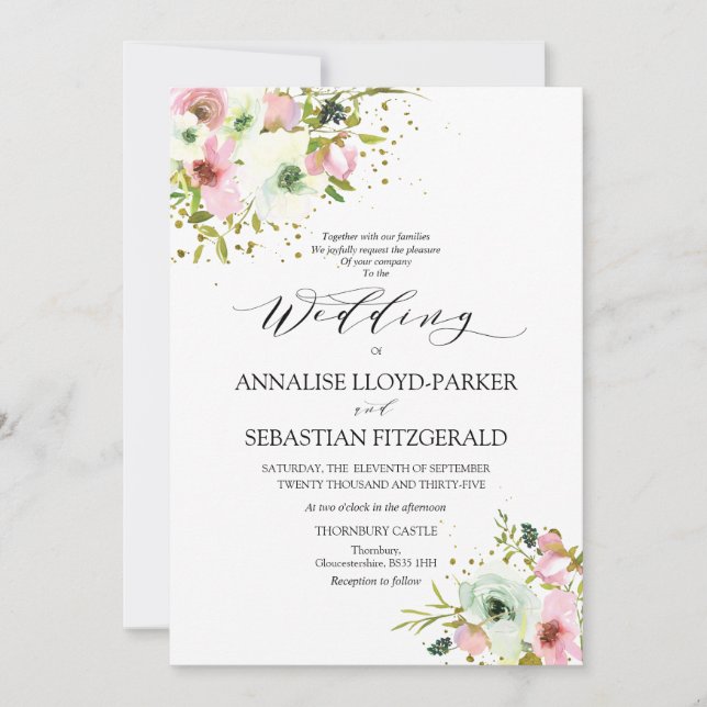 Invitation Roses blanches et blanches avec éclaboussures d'or (Devant)