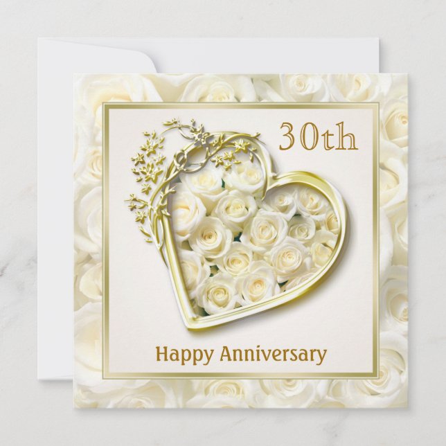 Invitation Roses blanches et coeur 30e anniversaire de Mariag (Devant)