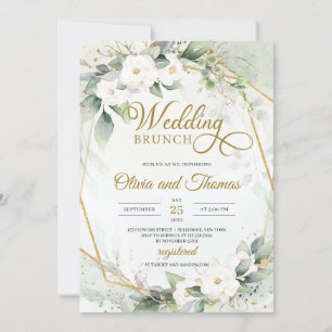 Invitation Roses blanches eucalyptus verdure or cadre mariage