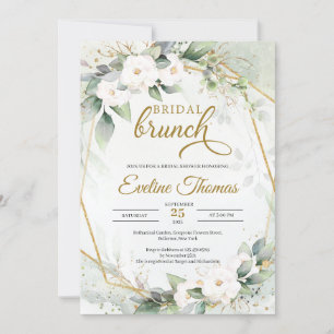 Invitation Roses blanches eucalyptus vert faux cadre or