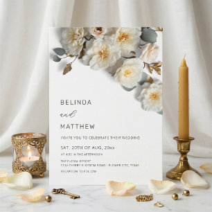Invitation Roses blanches Fleurs 3D Élégant Mariage Blanc